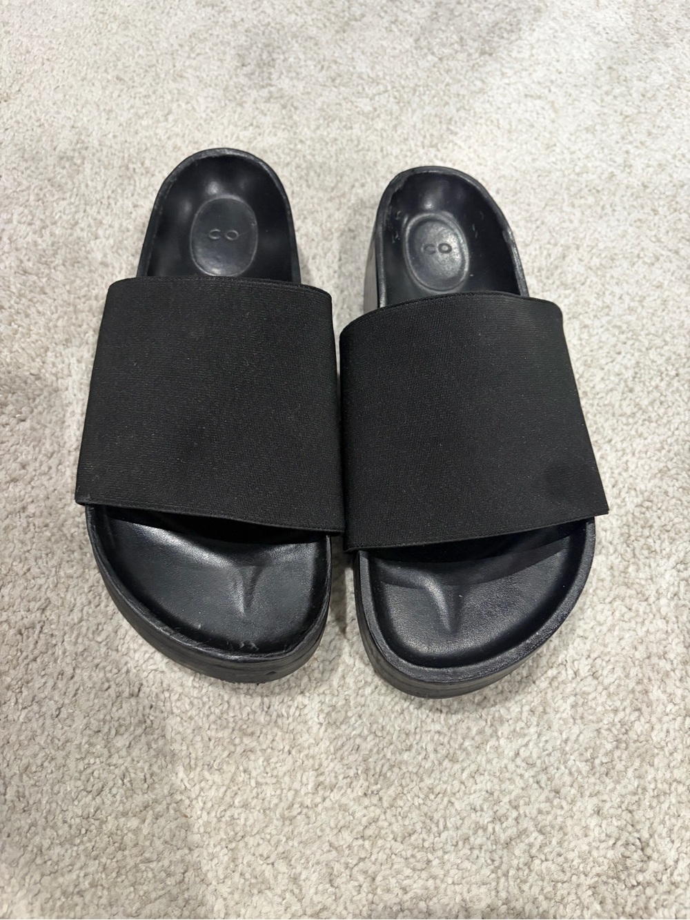CO Designer Black Italian Slide Sandals, Wide Strap $697 org., Women’s Sz 39/ 8